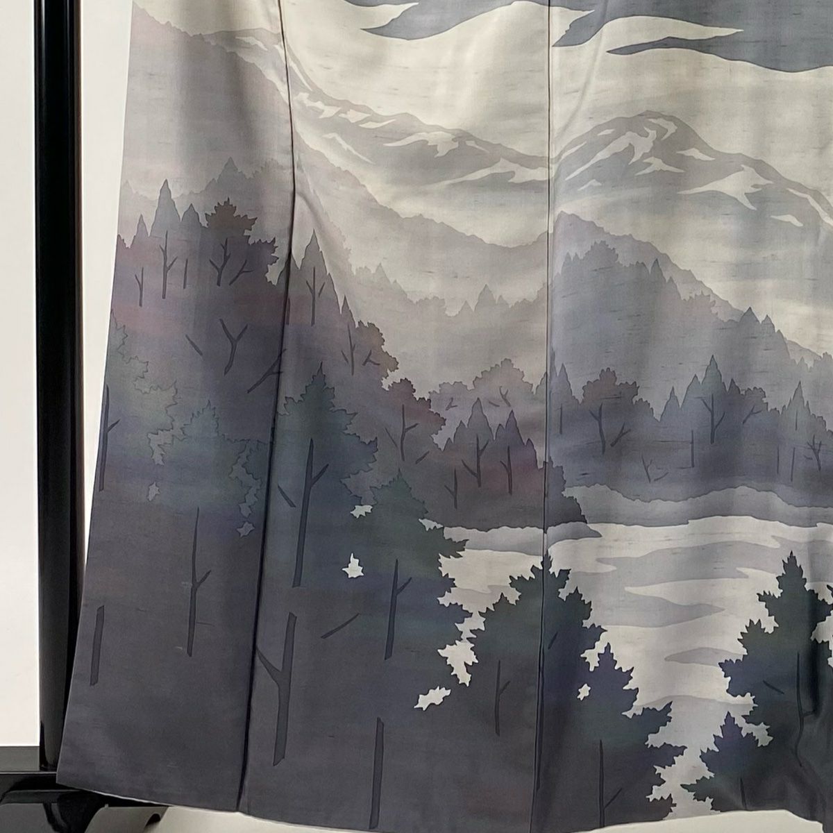 訪問服 身長163cm 袖長66cm M 雙層 牛首紬織織 落款 樹木 遠山 漸層 灰色 純蠶絲 逸品級