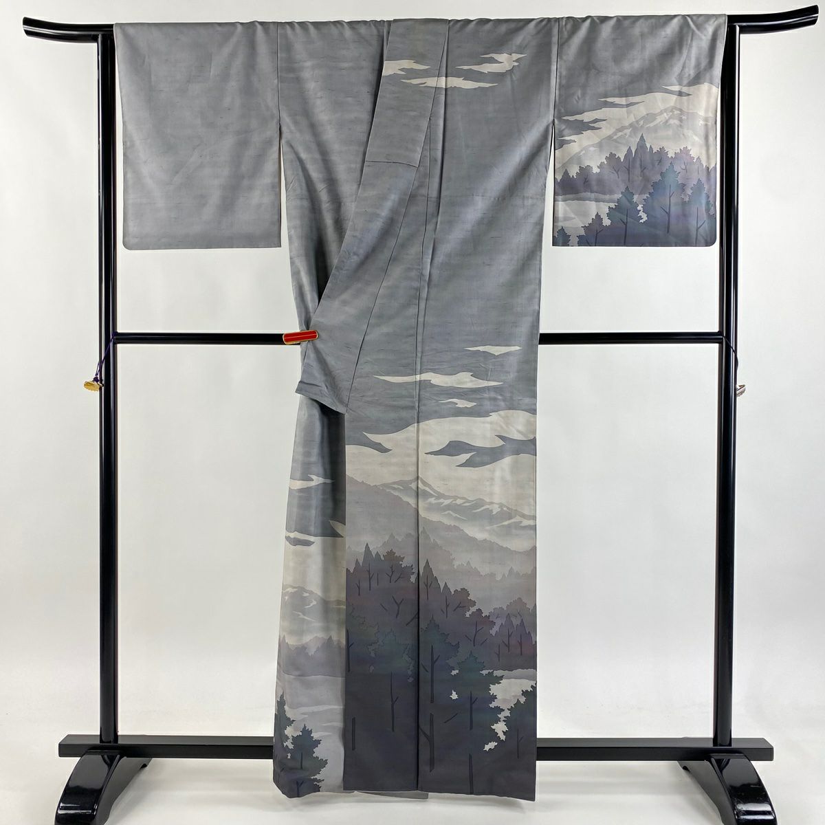 訪問服 身長163cm 袖長66cm M 雙層 牛首紬織織 落款 樹木 遠山 漸層 灰色 純蠶絲 逸品級