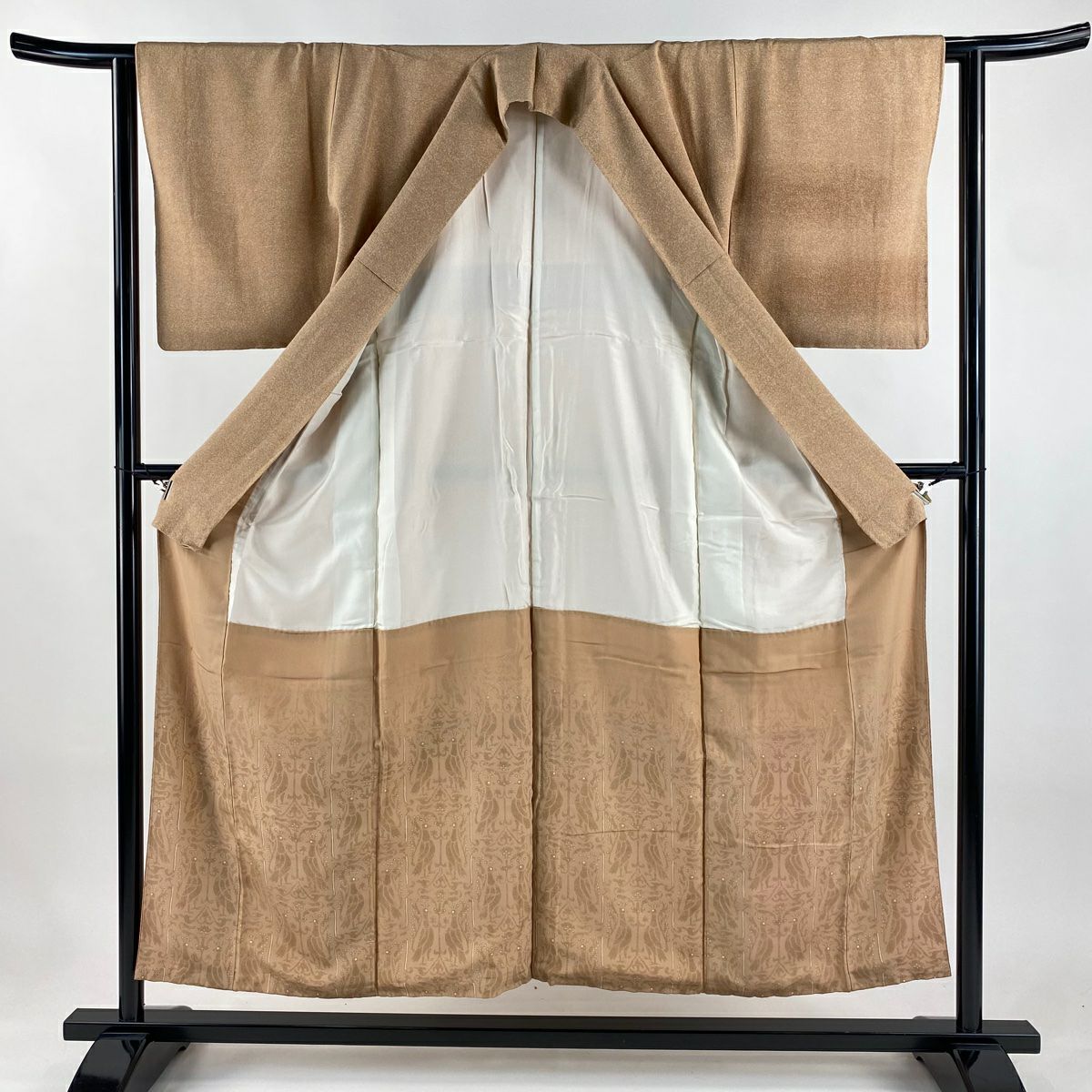 【美品】 付下 身長153.5cm 袖長62.5cm S 雙層 霞 幾何圖案 漸層 淺橙色 純蠶絲 優品級 一個紋