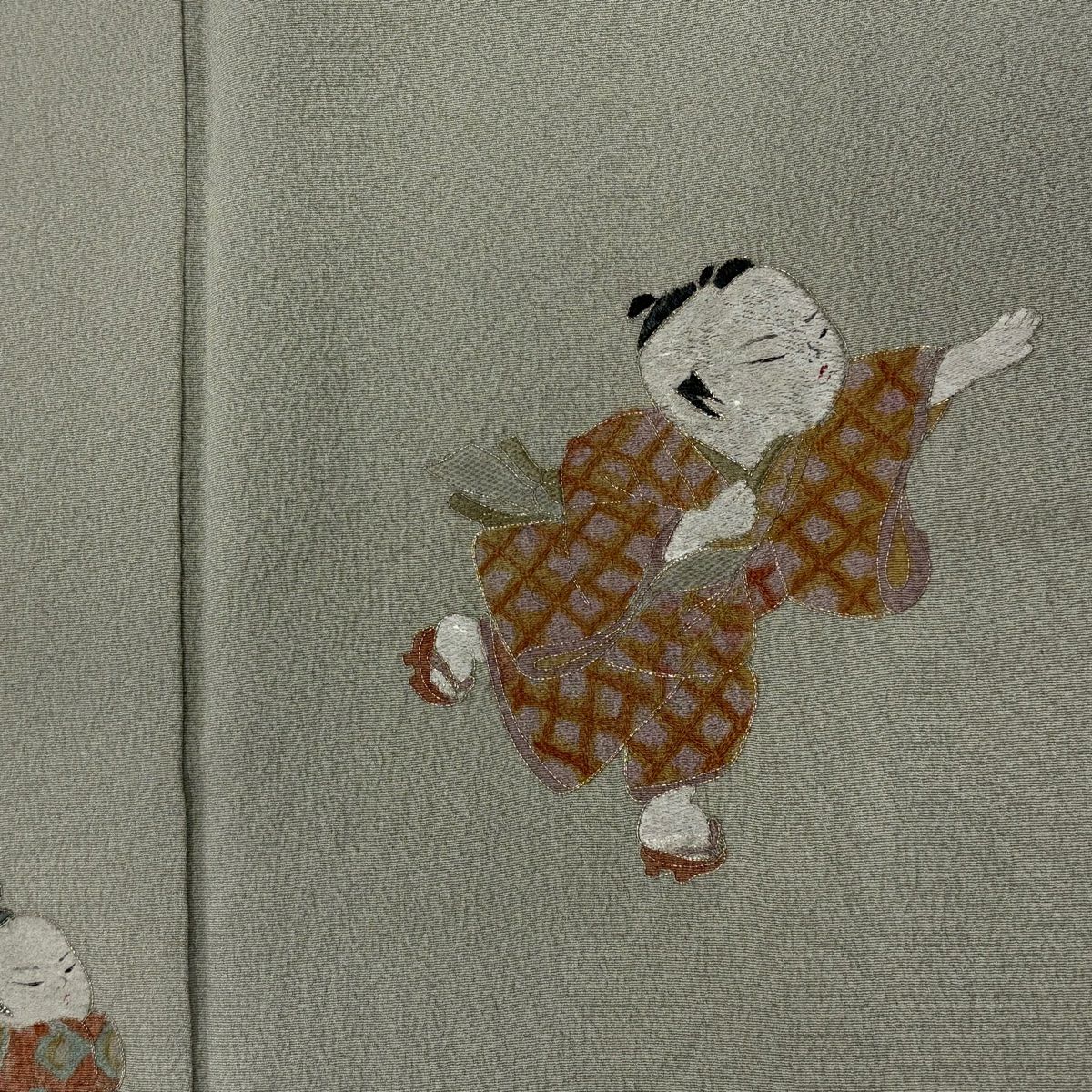 付下 身長160.5cm 袖長63cm S 雙層 童 刺繡 銀絲 灰綠 純蠶絲 秀品級