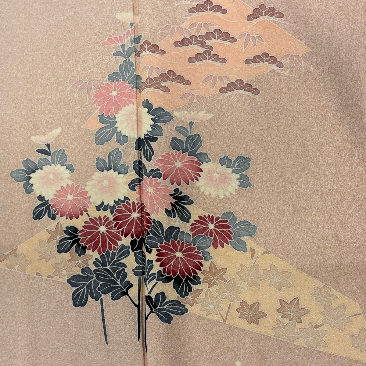 付下 身長163cm 袖長65cm M 雙層 松樹竹子梅花 菊花 粉紅 純蠶絲 優品級