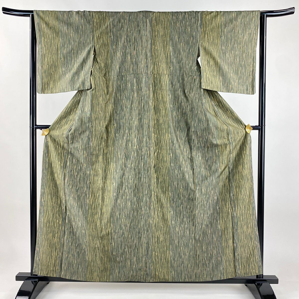 【美品】 小紋 身長160cm 袖長64.5cm M 雙層 紬織織 幾何學圖案 灰綠 純蠶絲 秀品級