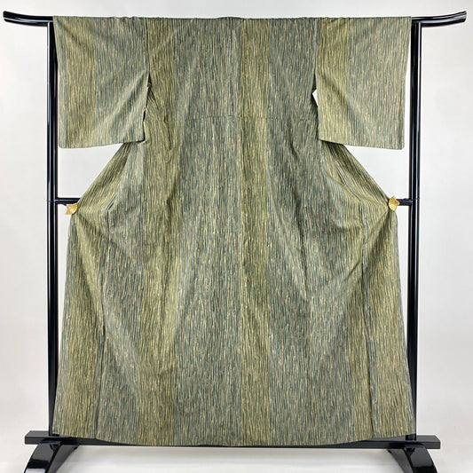 【美品】 小紋 身長160cm 袖長64.5cm M 雙層 紬織織 幾何學圖案 灰綠 純蠶絲 秀品級