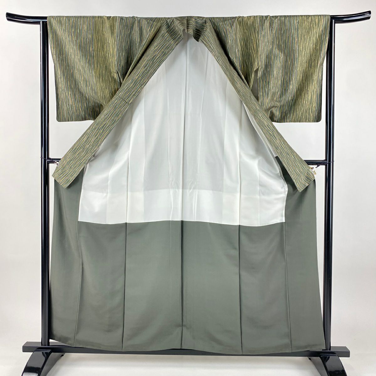 【美品】 小紋 身長160cm 袖長64.5cm M 雙層 紬織織 幾何學圖案 灰綠 純蠶絲 秀品級