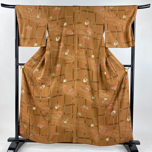 小紋 身長159cm 袖長68cm L 雙層 菊花 格子 金彩裝飾 茶 純蠶絲 秀品級
