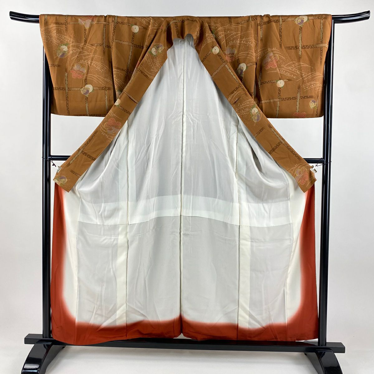 小紋 身長159cm 袖長68cm L 雙層 菊花 格子 金彩裝飾 茶 純蠶絲 秀品級
