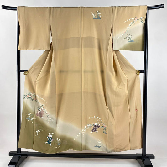 訪問服 身長153cm 袖長67cm M 雙層 落款有 童枝花 染分 ぼかし 淡茶 純蠶絲 優品級