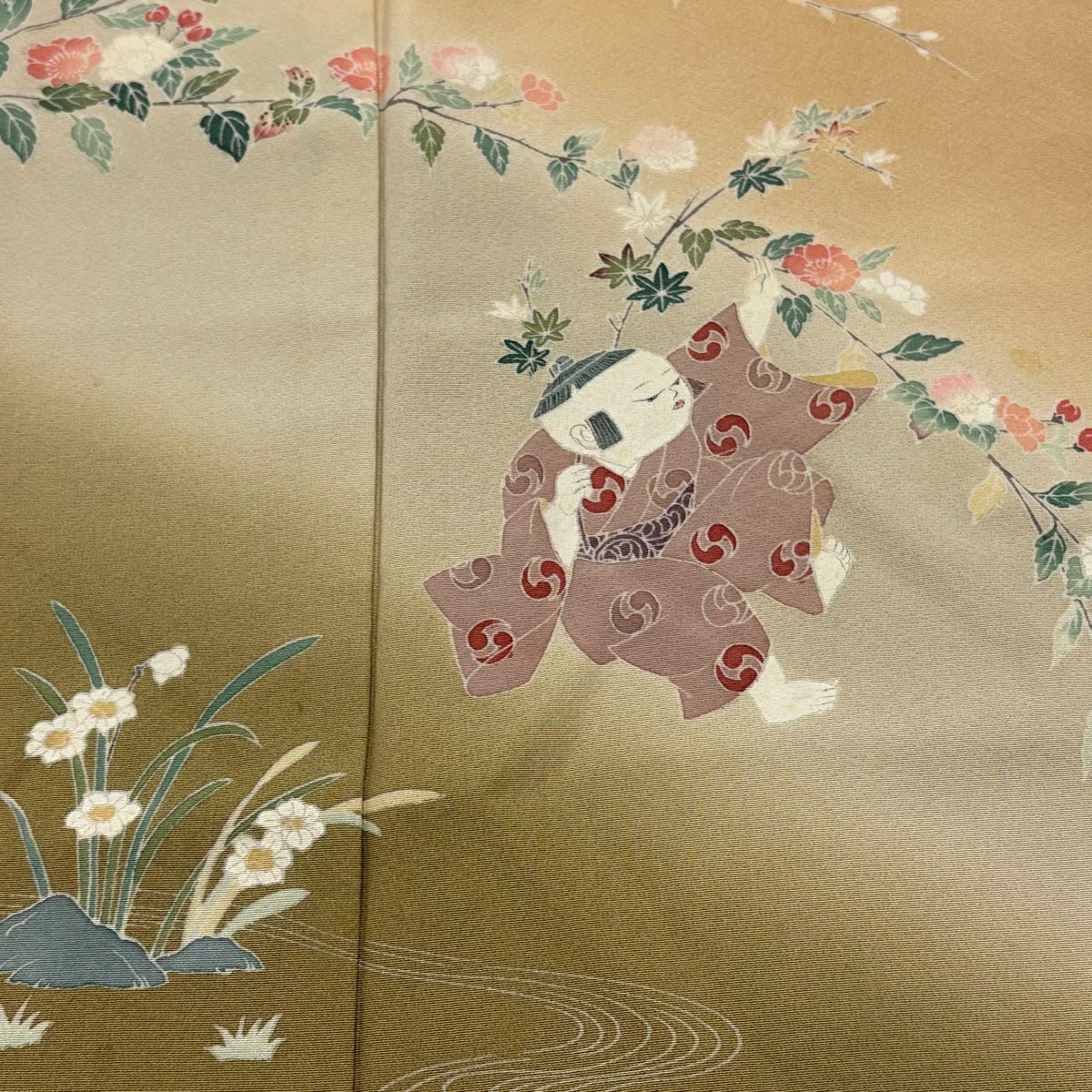 訪問服 身長153cm 袖長67cm M 雙層 落款有 童枝花 染分 ぼかし 淡茶 純蠶絲 優品級