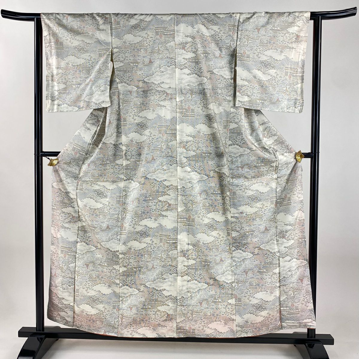 【美品】 紬織 身長159cm 袖長63cm S 雙層 建物 雲文 灰白 純蠶絲 秀品級