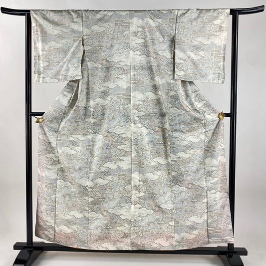 【美品】 紬織 身長159cm 袖長63cm S 雙層 建物 雲文 灰白 純蠶絲 秀品級