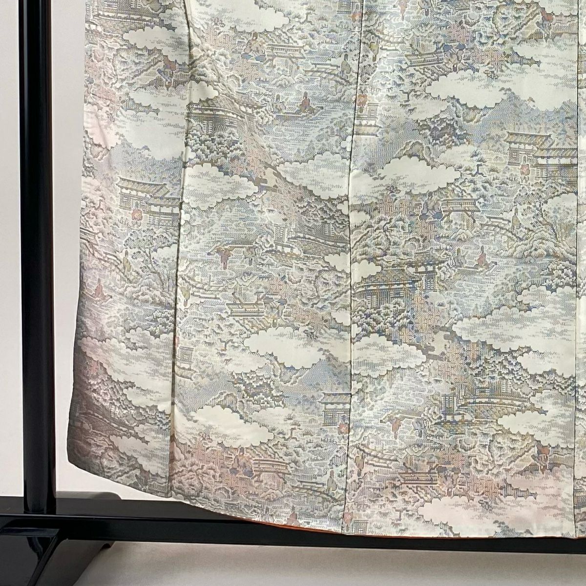 【美品】 紬織 身長159cm 袖長63cm S 雙層 建物 雲文 灰白 純蠶絲 秀品級