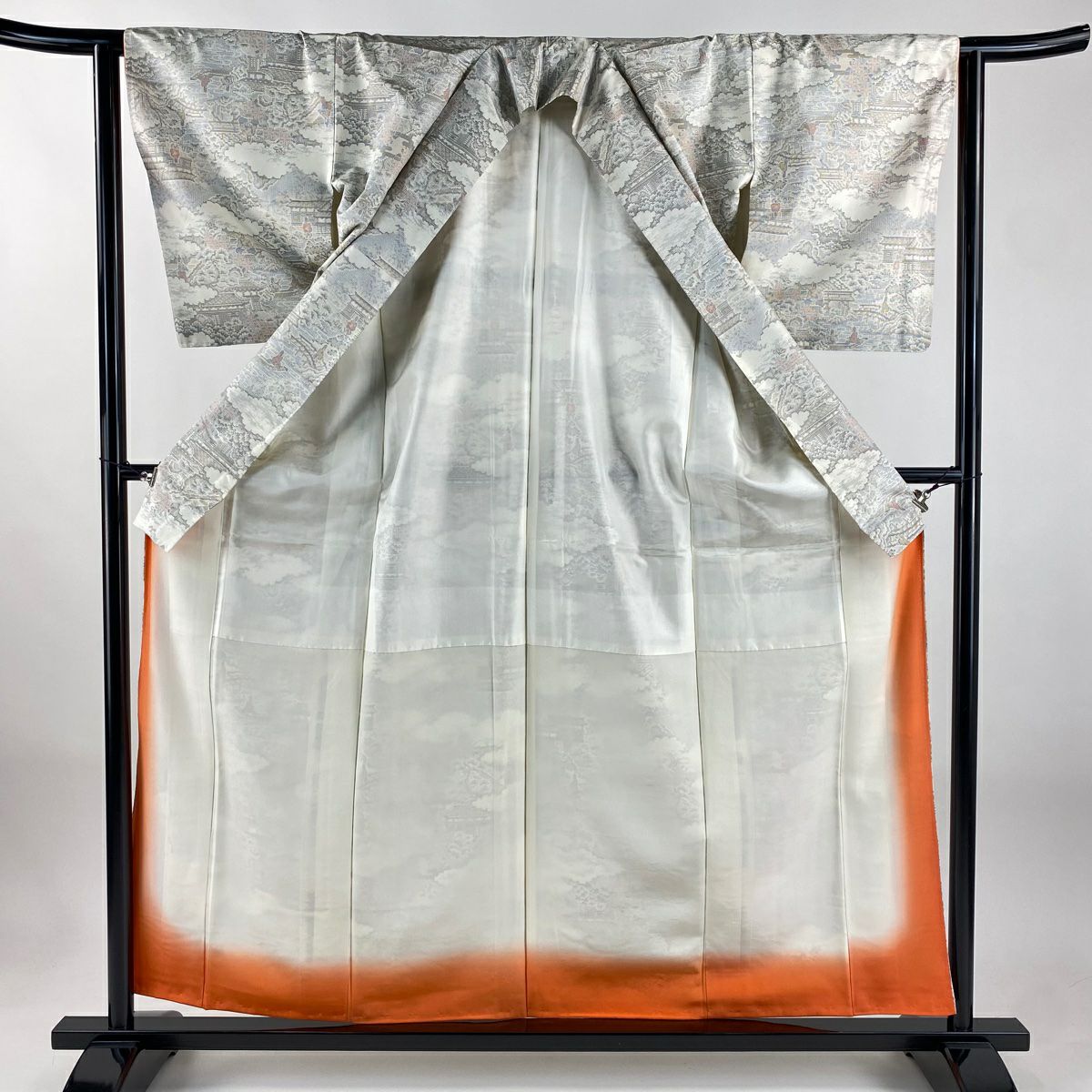 【美品】 紬織 身長159cm 袖長63cm S 雙層 建物 雲文 灰白 純蠶絲 秀品級