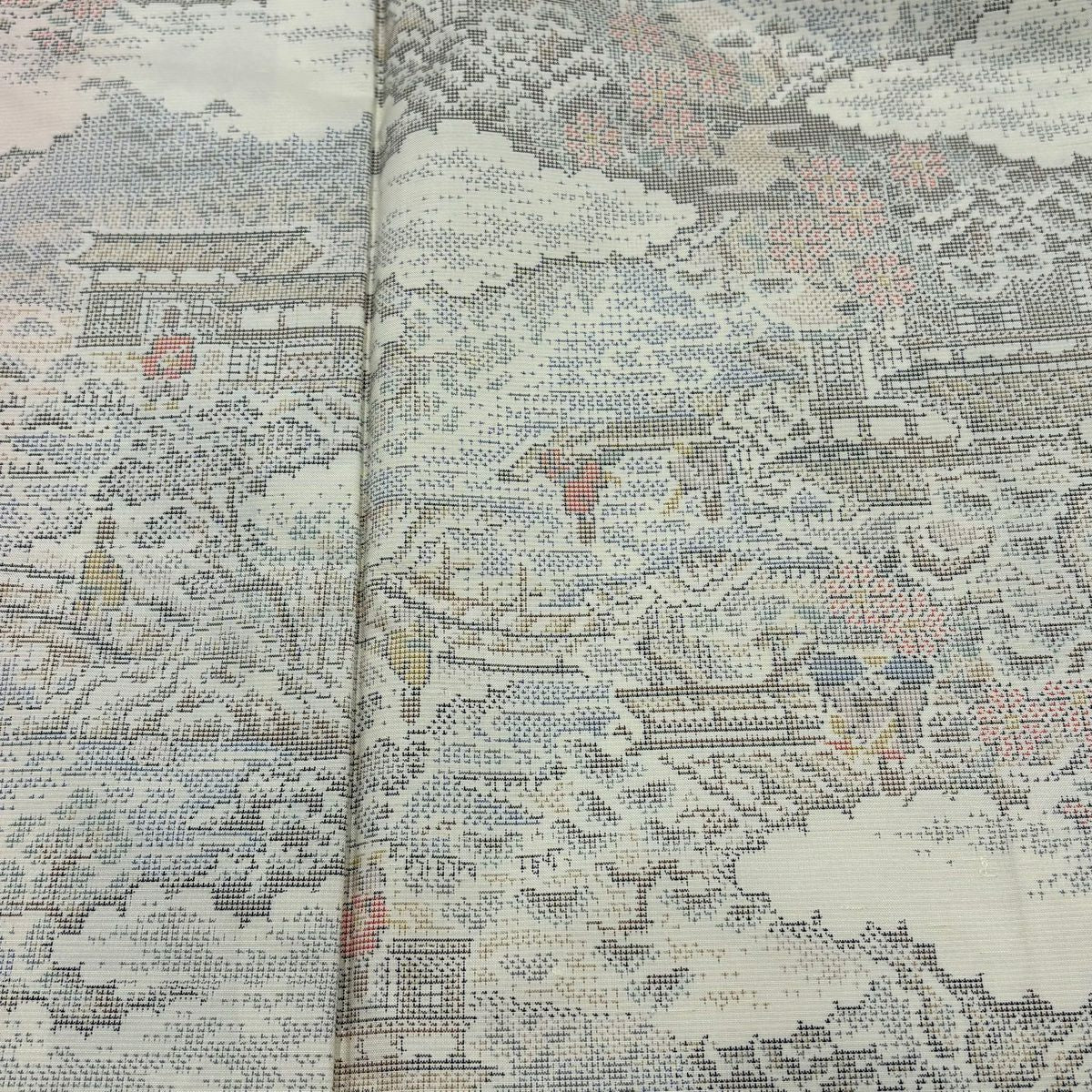 【美品】 紬織 身長159cm 袖長63cm S 雙層 建物 雲文 灰白 純蠶絲 秀品級