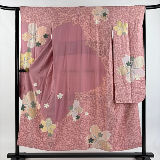 振袖禮服 身長150.5cm 袖長63cm S 雙層 櫻花 金銀彩 粉紅 純蠶絲 秀品級