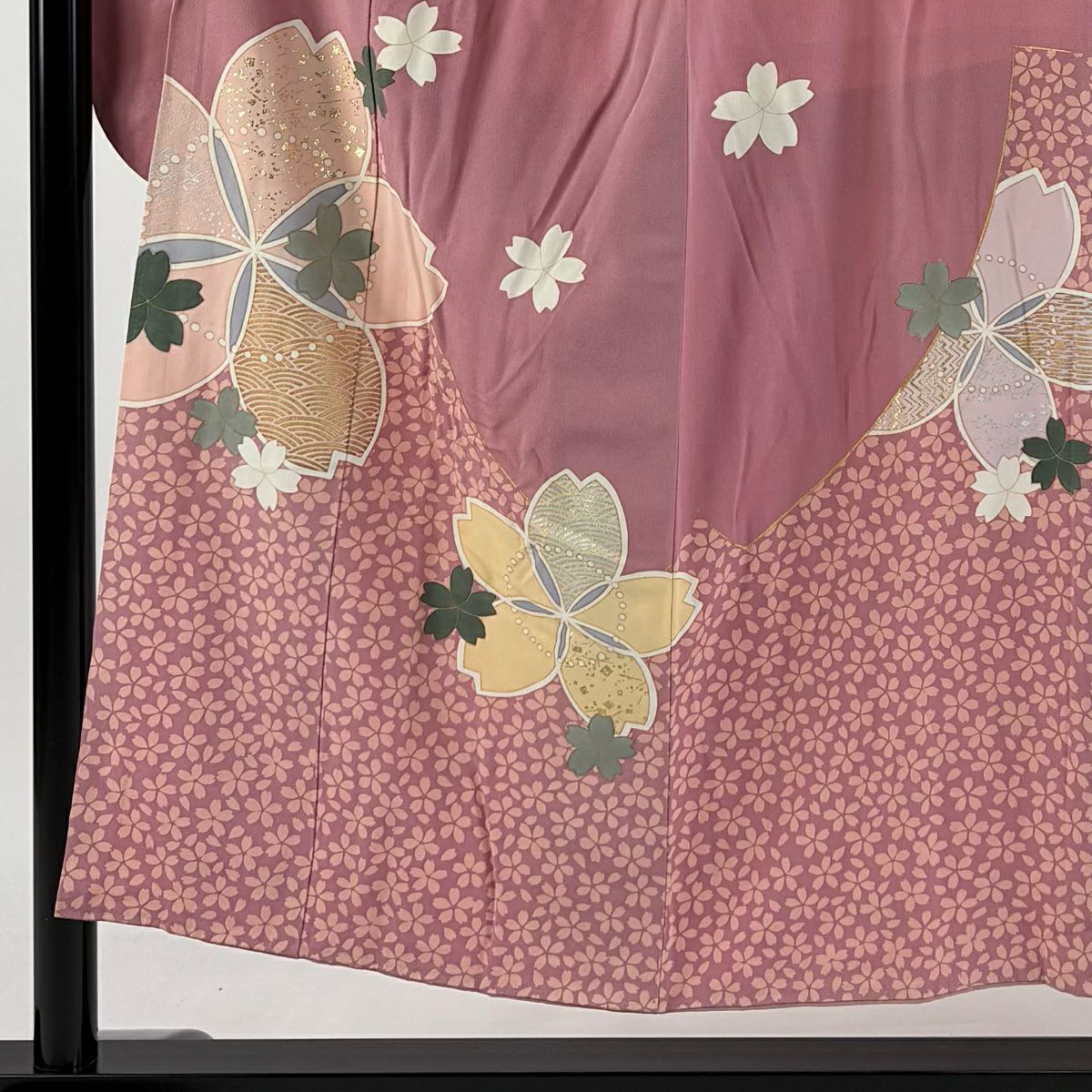 振袖禮服 身長150.5cm 袖長63cm S 雙層 櫻花 金銀彩 粉紅 純蠶絲 秀品級