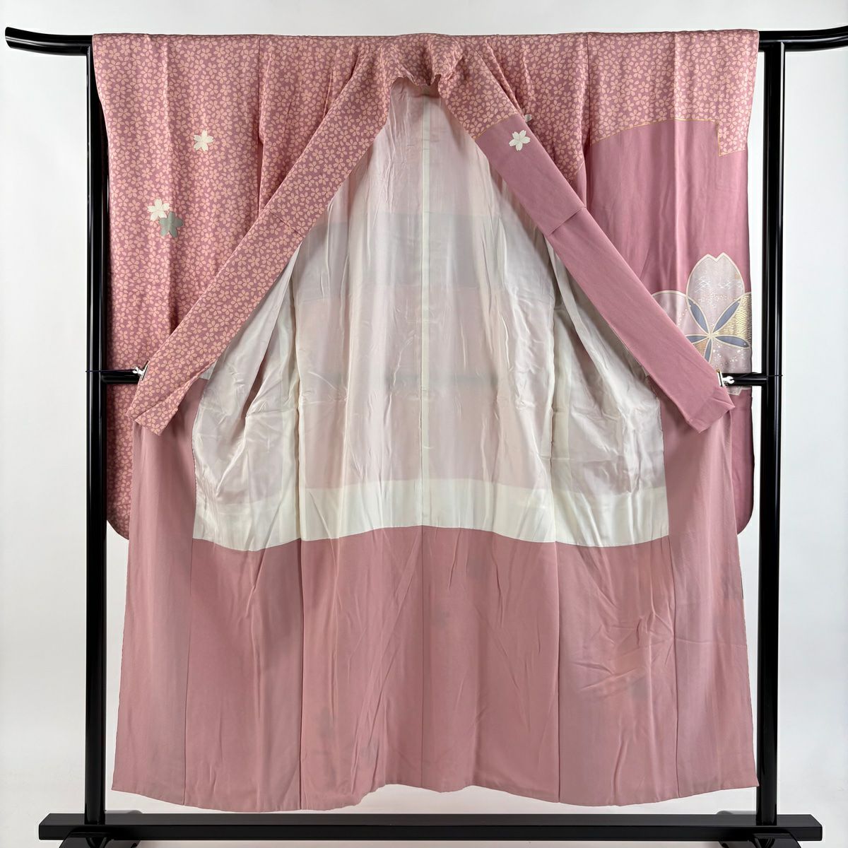 振袖禮服 身長150.5cm 袖長63cm S 雙層 櫻花 金銀彩 粉紅 純蠶絲 秀品級