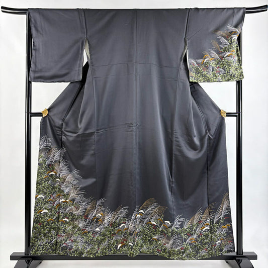 訪問服 身長157cm 袖長66.5cm M 雙層 蘆葦 秋草 金彩裝飾 灰 純蠶絲 秀品級