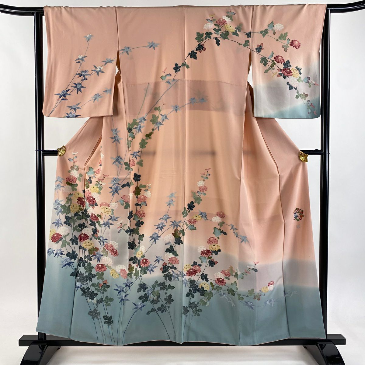 【美品】訪問服 身長157.5cm 袖長63cm S 雙層 落款あり 菊花 辨染 ぼかし 粉紅 純蠶絲 秀品級