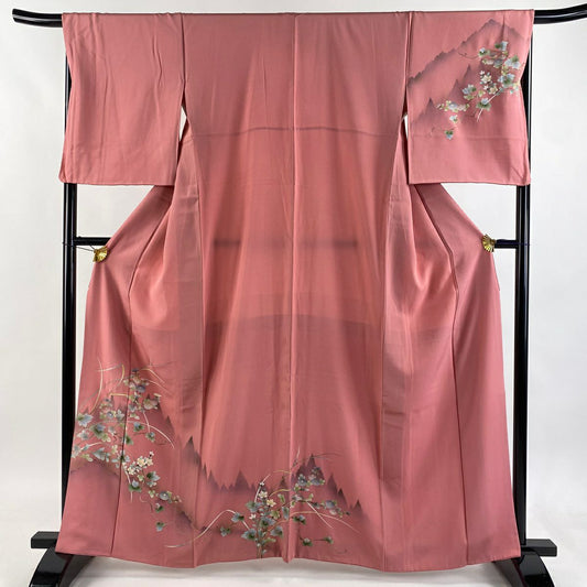 【美品】訪問服 身長163cm 袖長67.5cm L 雙層 菊花 樹木 粉紅 純蠶絲 秀品級