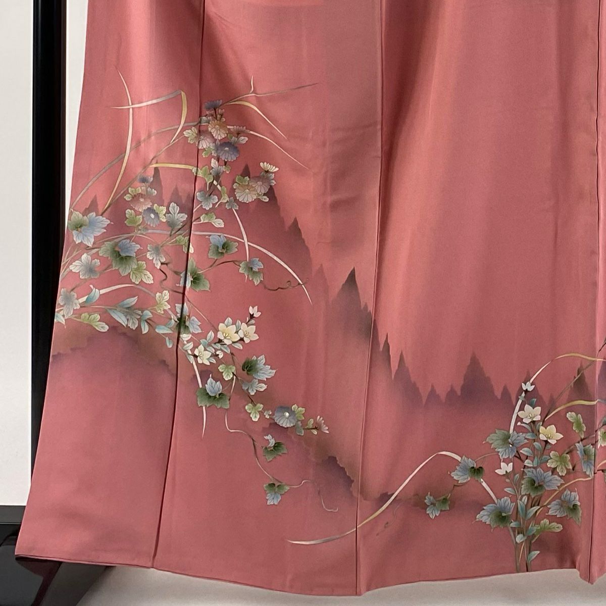 【美品】訪問服 身長163cm 袖長67.5cm L 雙層 菊花 樹木 粉紅 純蠶絲 秀品級