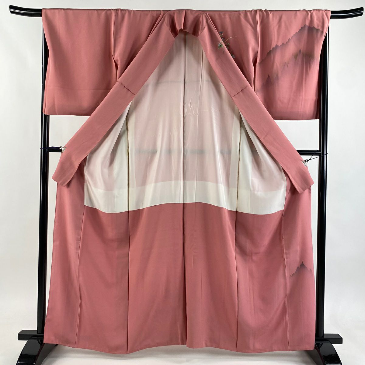 【美品】訪問服 身長163cm 袖長67.5cm L 雙層 菊花 樹木 粉紅 純蠶絲 秀品級