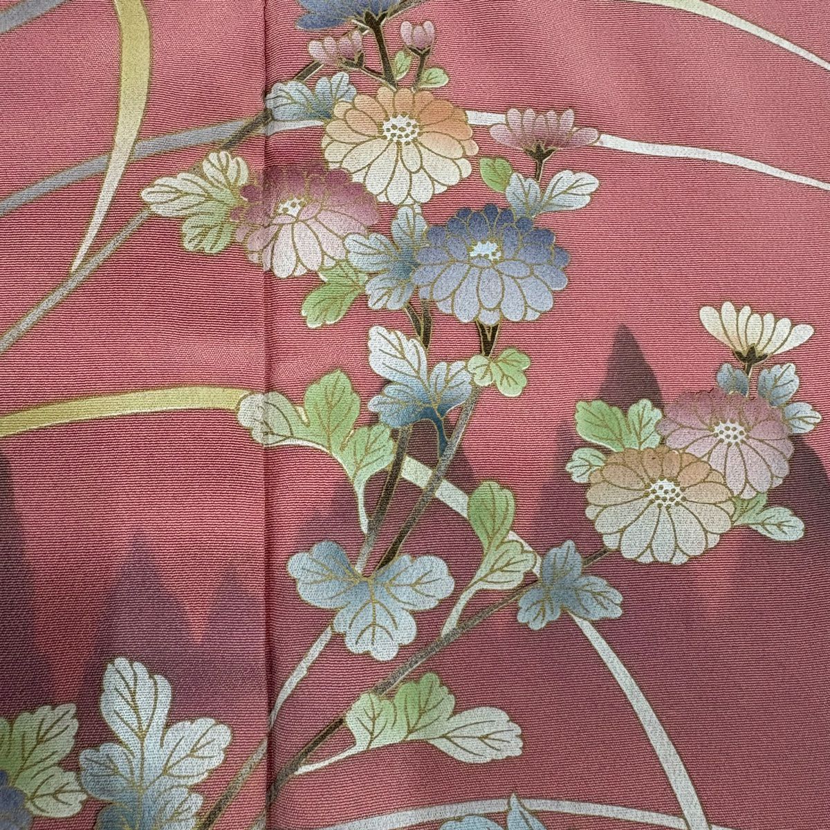 【美品】訪問服 身長163cm 袖長67.5cm L 雙層 菊花 樹木 粉紅 純蠶絲 秀品級