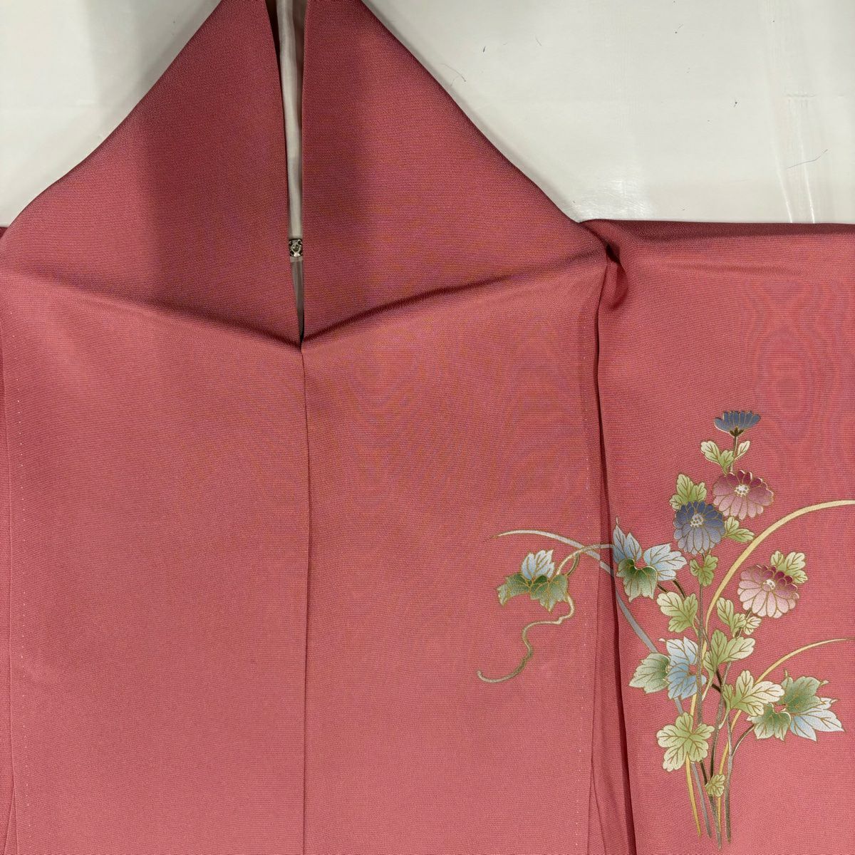 【美品】訪問服 身長163cm 袖長67.5cm L 雙層 菊花 樹木 粉紅 純蠶絲 秀品級