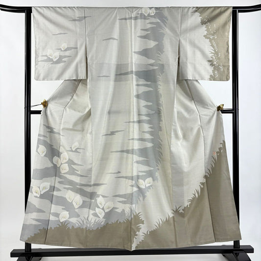 【美品】訪問服 身長155cm 袖長62.5cm S 雙層 紬織織 落款あり 水芭蕉 輪廓紋 灰白 純蠶絲 秀品級