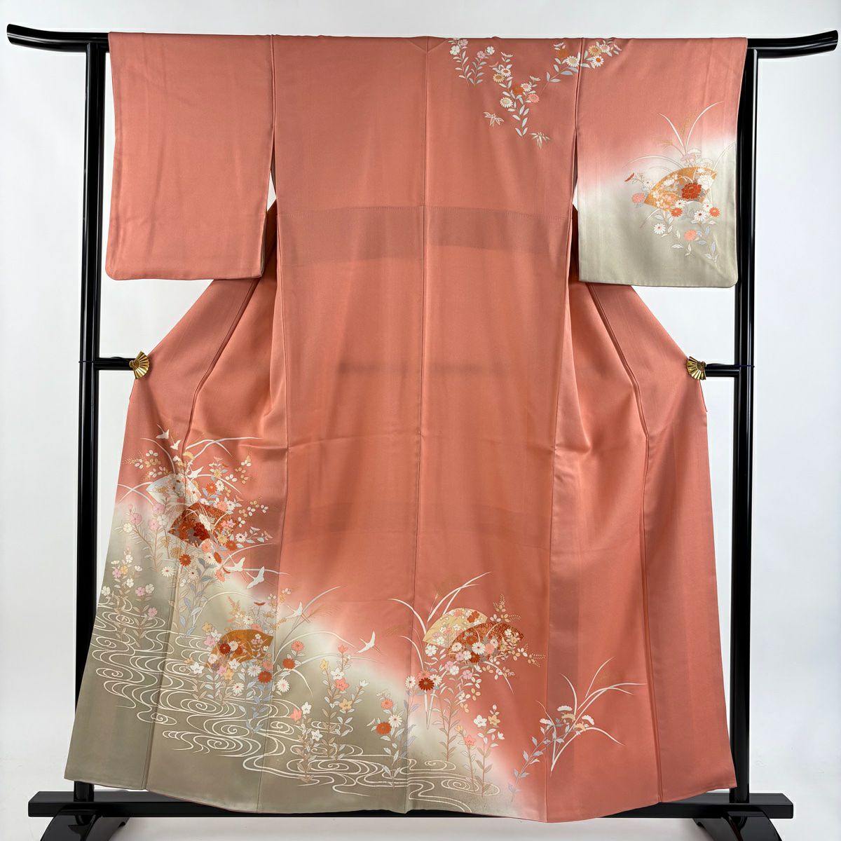 訪問服 身長158cm 袖長63.5cm S 雙層 扇子面 草花紋紋 金銀彩 漸層 粉紅 純蠶絲 優品級