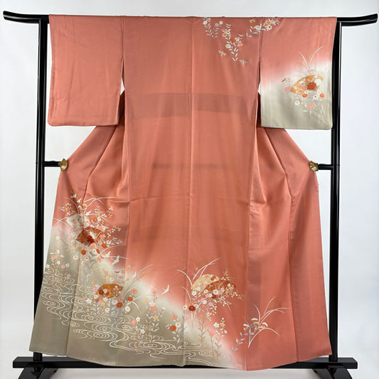 訪問服 身長158cm 袖長63.5cm S 雙層 扇子面 草花紋紋 金銀彩 漸層 粉紅 純蠶絲 優品級