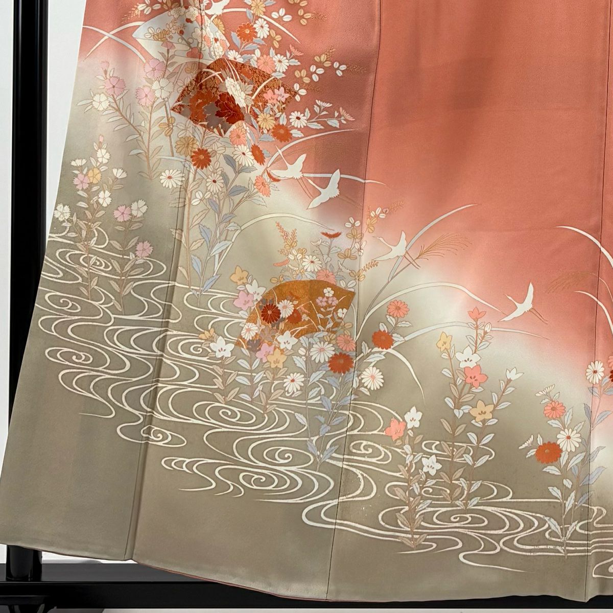 訪問服 身長158cm 袖長63.5cm S 雙層 扇子面 草花紋紋 金銀彩 漸層 粉紅 純蠶絲 優品級