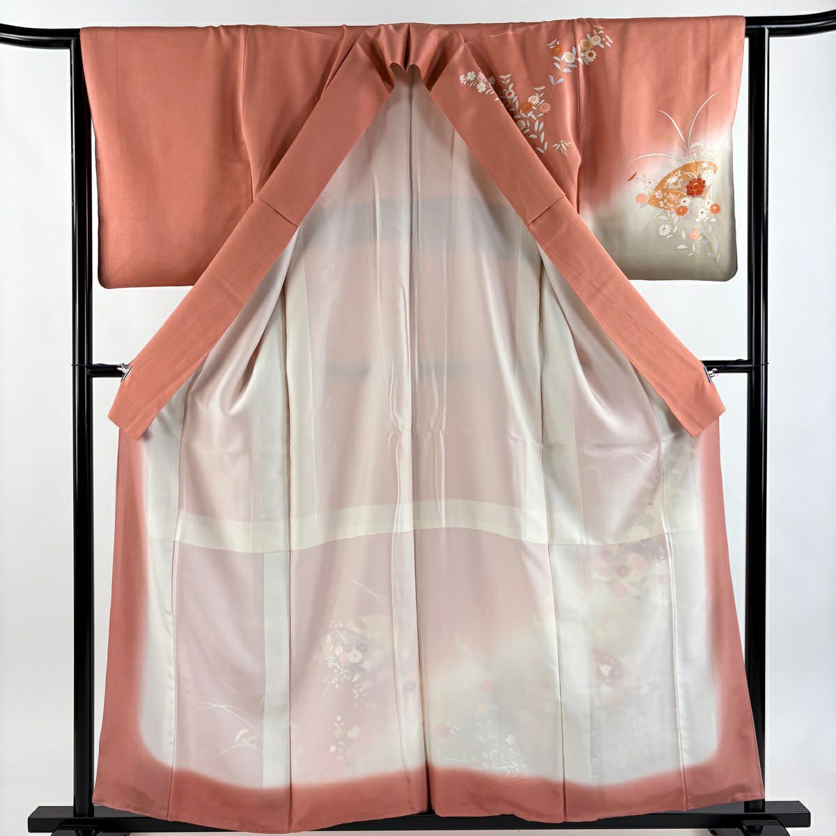 訪問服 身長158cm 袖長63.5cm S 雙層 扇子面 草花紋紋 金銀彩 漸層 粉紅 純蠶絲 優品級