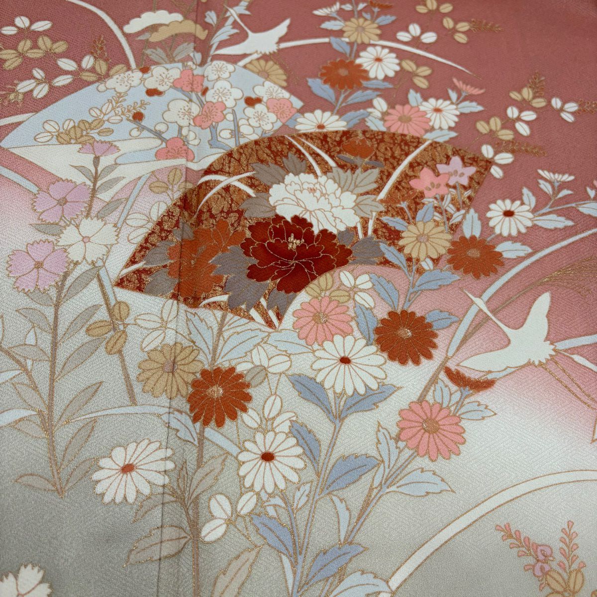 訪問服 身長158cm 袖長63.5cm S 雙層 扇子面 草花紋紋 金銀彩 漸層 粉紅 純蠶絲 優品級