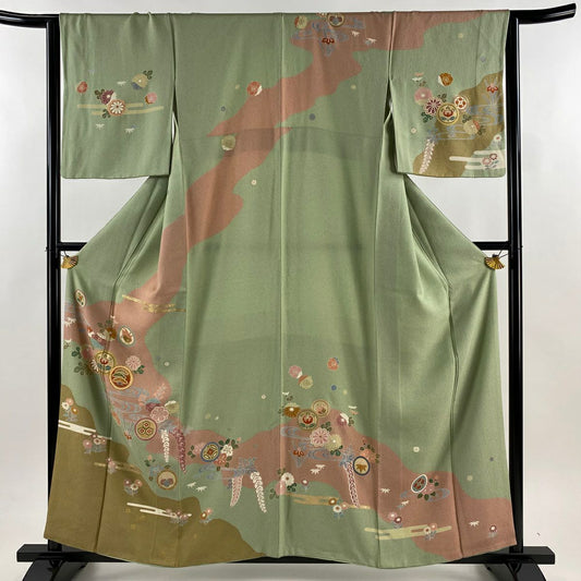 訪問服 身長157.5cm 袖長64.5cm M 雙層 鎌倉文 菊花 金絲 金銀彩 淺綠 純蠶絲 名品級