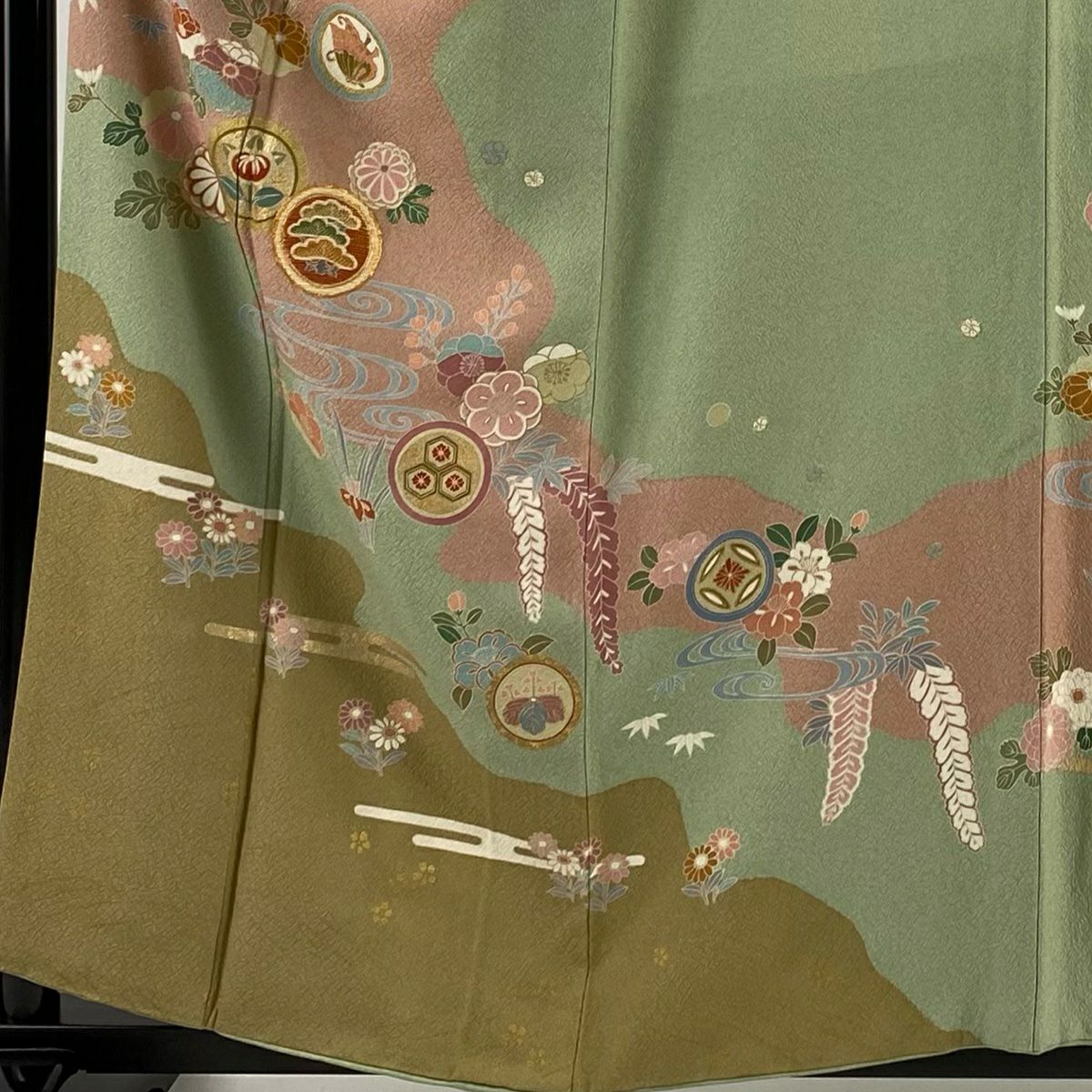 訪問服 身長157.5cm 袖長64.5cm M 雙層 鎌倉文 菊花 金絲 金銀彩 淺綠 純蠶絲 名品級