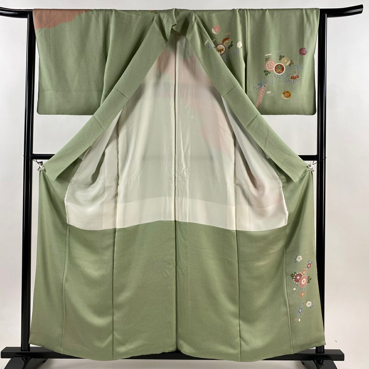 訪問服 身長157.5cm 袖長64.5cm M 雙層 鎌倉文 菊花 金絲 金銀彩 淺綠 純蠶絲 名品級