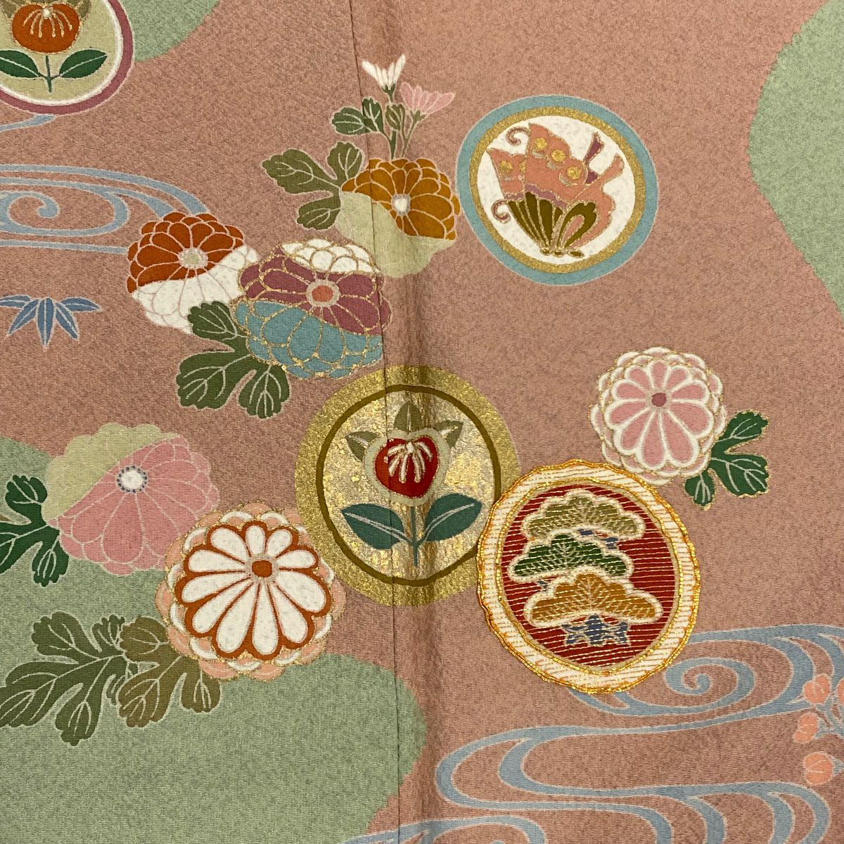 訪問服 身長157.5cm 袖長64.5cm M 雙層 鎌倉文 菊花 金絲 金銀彩 淺綠 純蠶絲 名品級