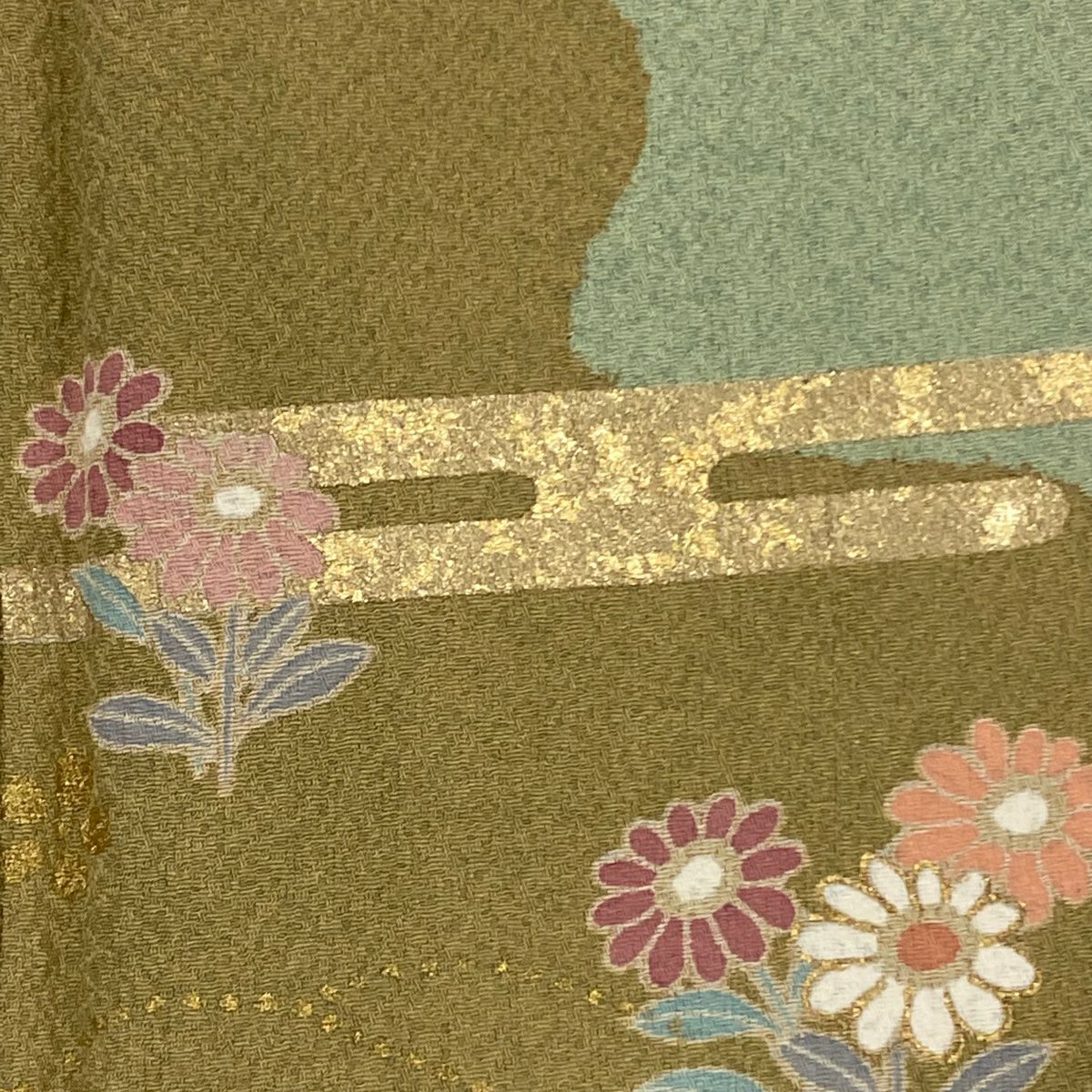 訪問服 身長157.5cm 袖長64.5cm M 雙層 鎌倉文 菊花 金絲 金銀彩 淺綠 純蠶絲 名品級