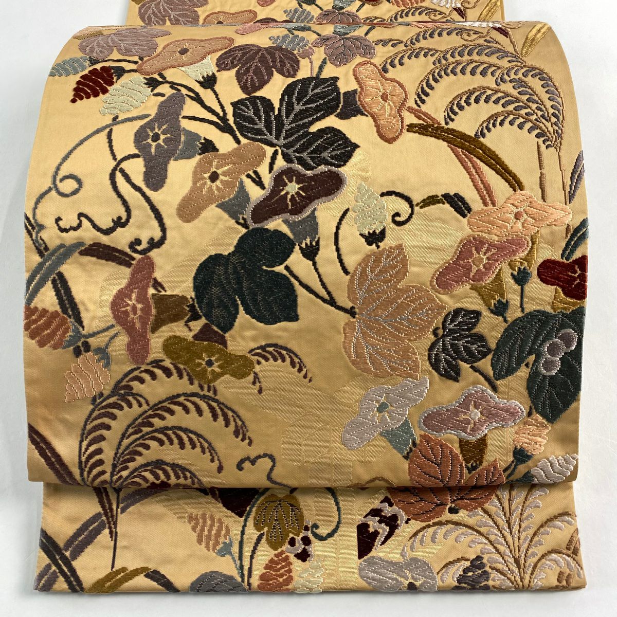 【美品】 袋帶 秀品級 朝顏 蘆葦 刺繡 金金箔 淺茶 六通 純蠶絲