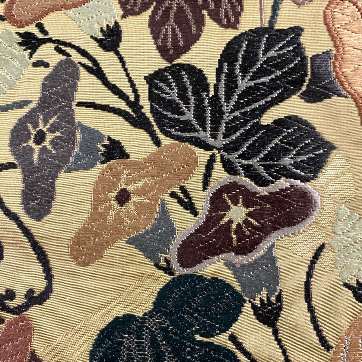 【美品】 袋帶 秀品級 朝顏 蘆葦 刺繡 金金箔 淺茶 六通 純蠶絲