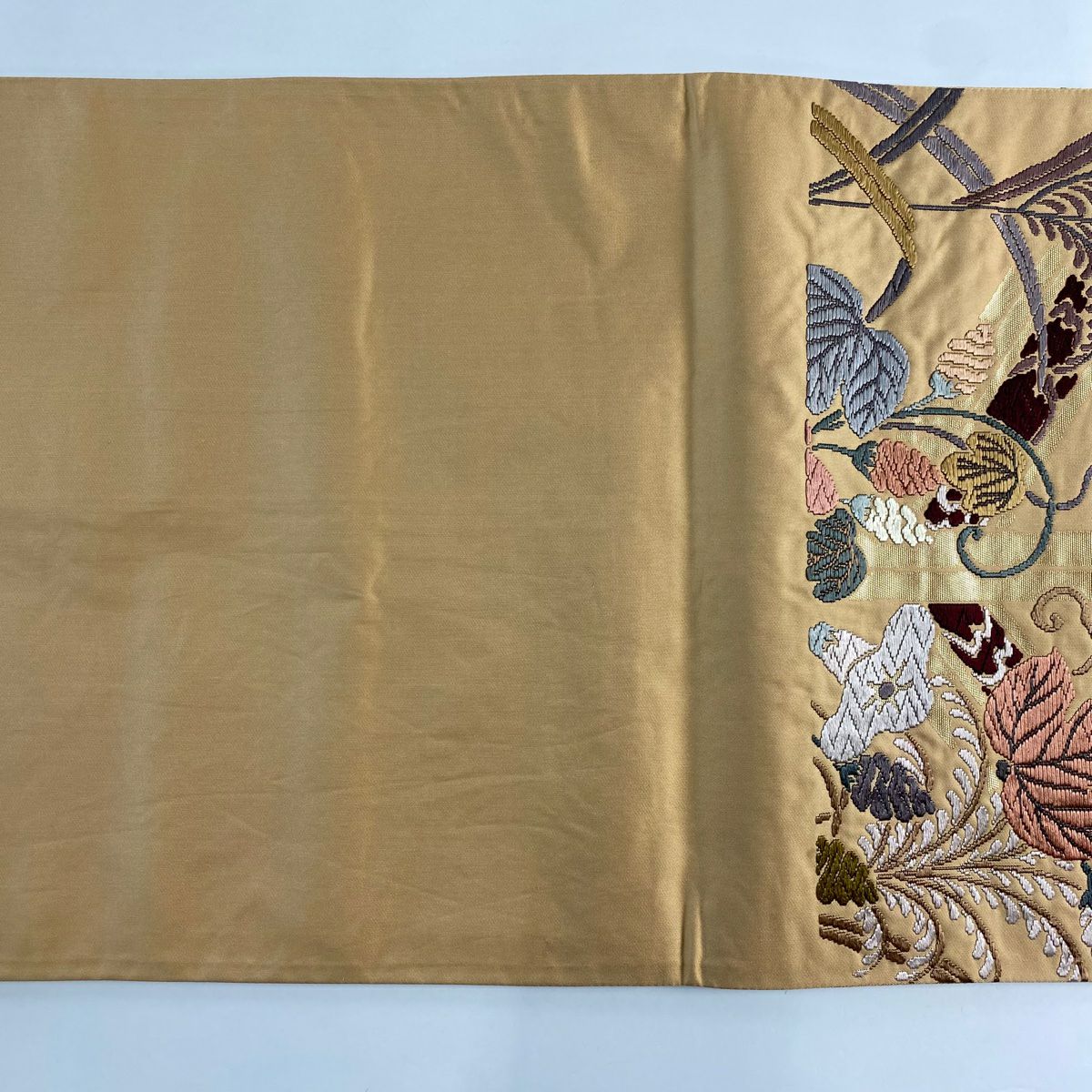 【美品】 袋帶 秀品級 朝顏 蘆葦 刺繡 金金箔 淺茶 六通 純蠶絲