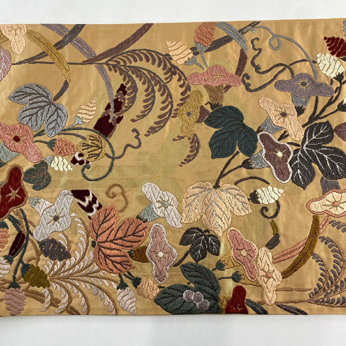 【美品】 袋帶 秀品級 朝顏 蘆葦 刺繡 金金箔 淺茶 六通 純蠶絲