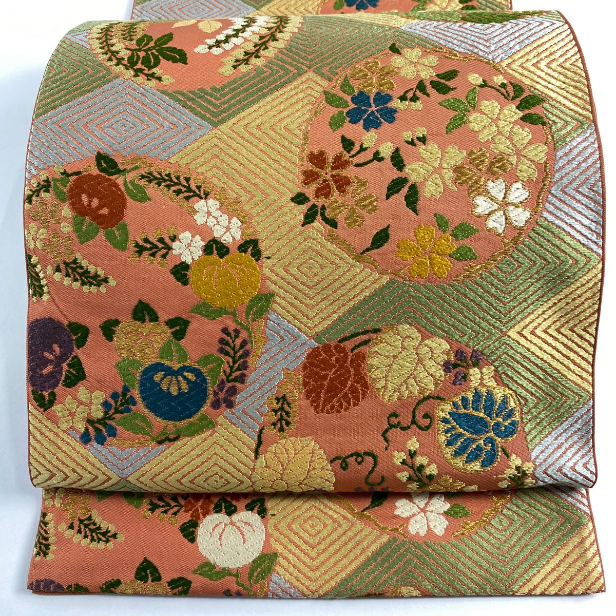 【美品】 袋帶 秀品級 花丸紋 菱 金絲 橙色 全通 純蠶絲