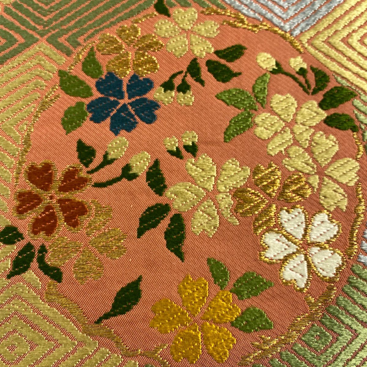 【美品】 袋帶 秀品級 花丸紋 菱 金絲 橙色 全通 純蠶絲