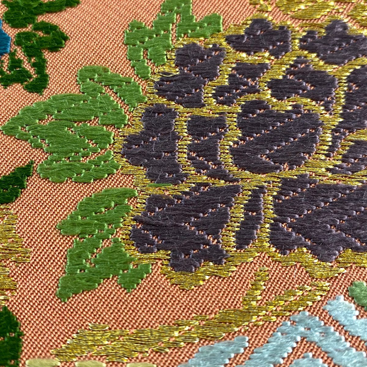 【美品】 袋帶 秀品級 花丸紋 菱 金絲 橙色 全通 純蠶絲