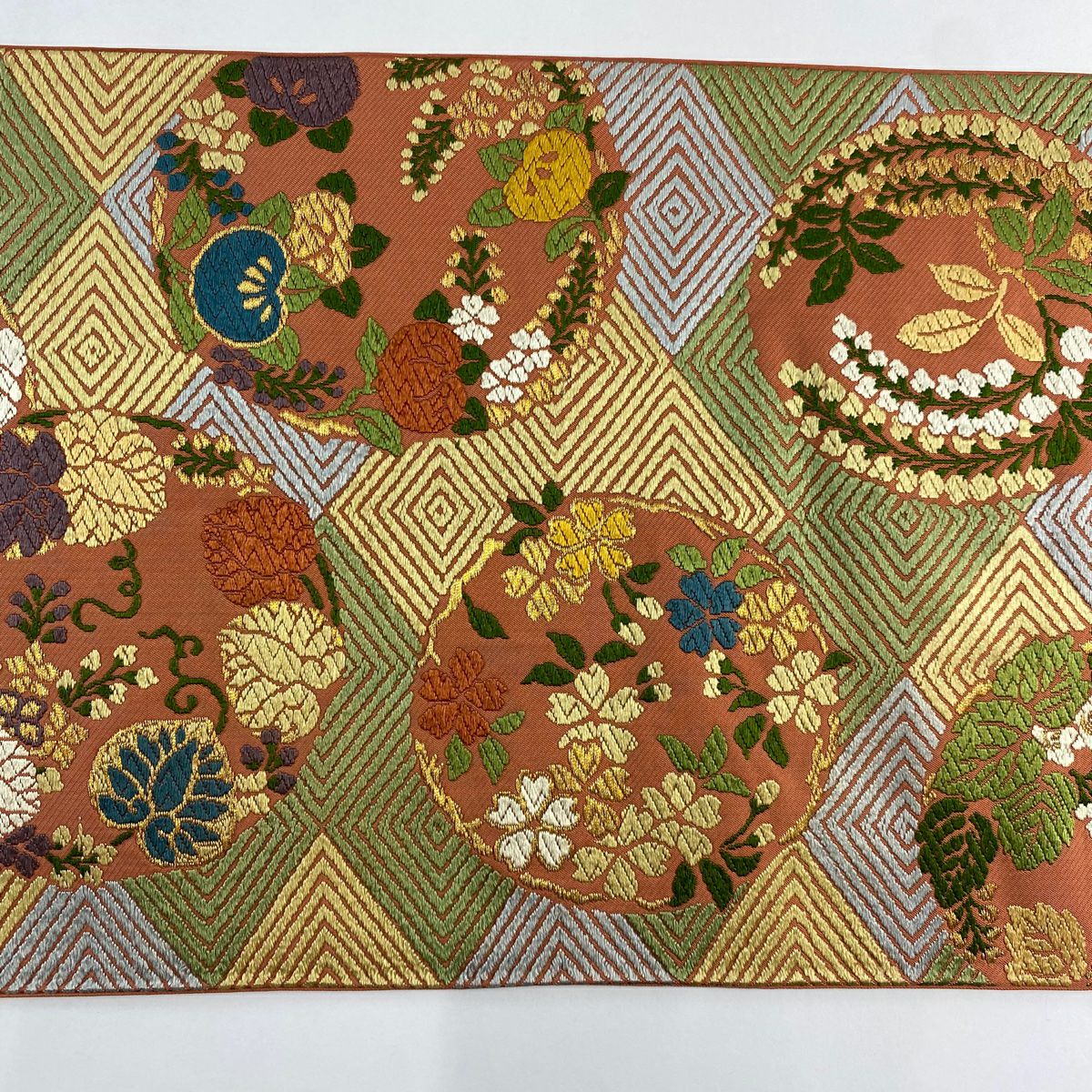 【美品】 袋帶 秀品級 花丸紋 菱 金絲 橙色 全通 純蠶絲