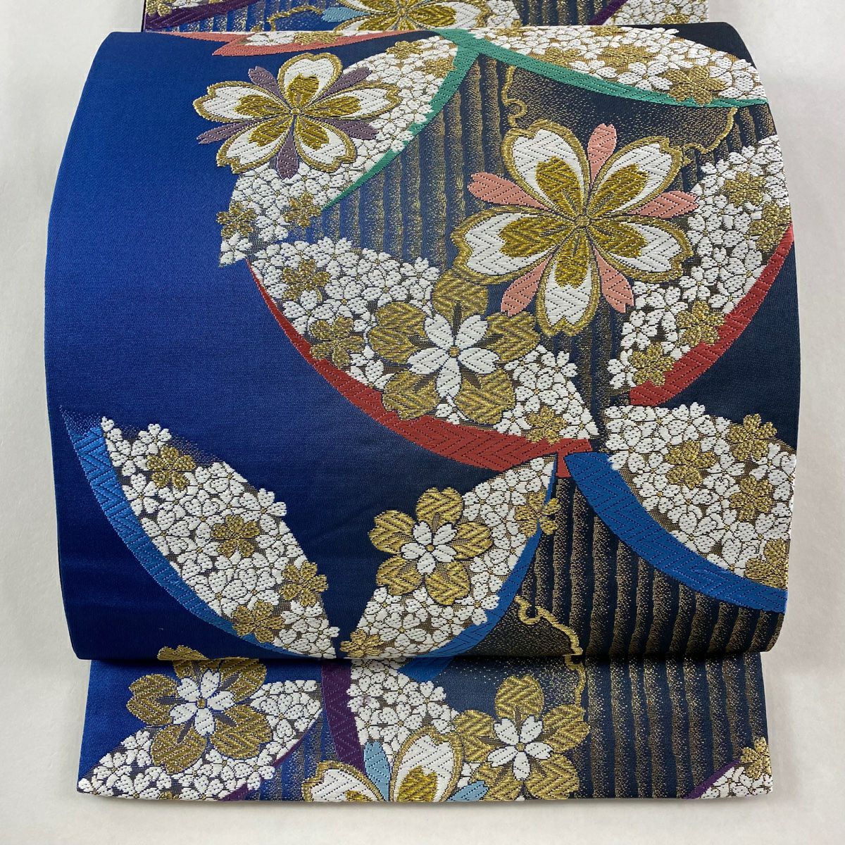【美品】 袋帶 秀品級 樱花 七寶 金絲 刺繡 藍色 六通 純蠶絲