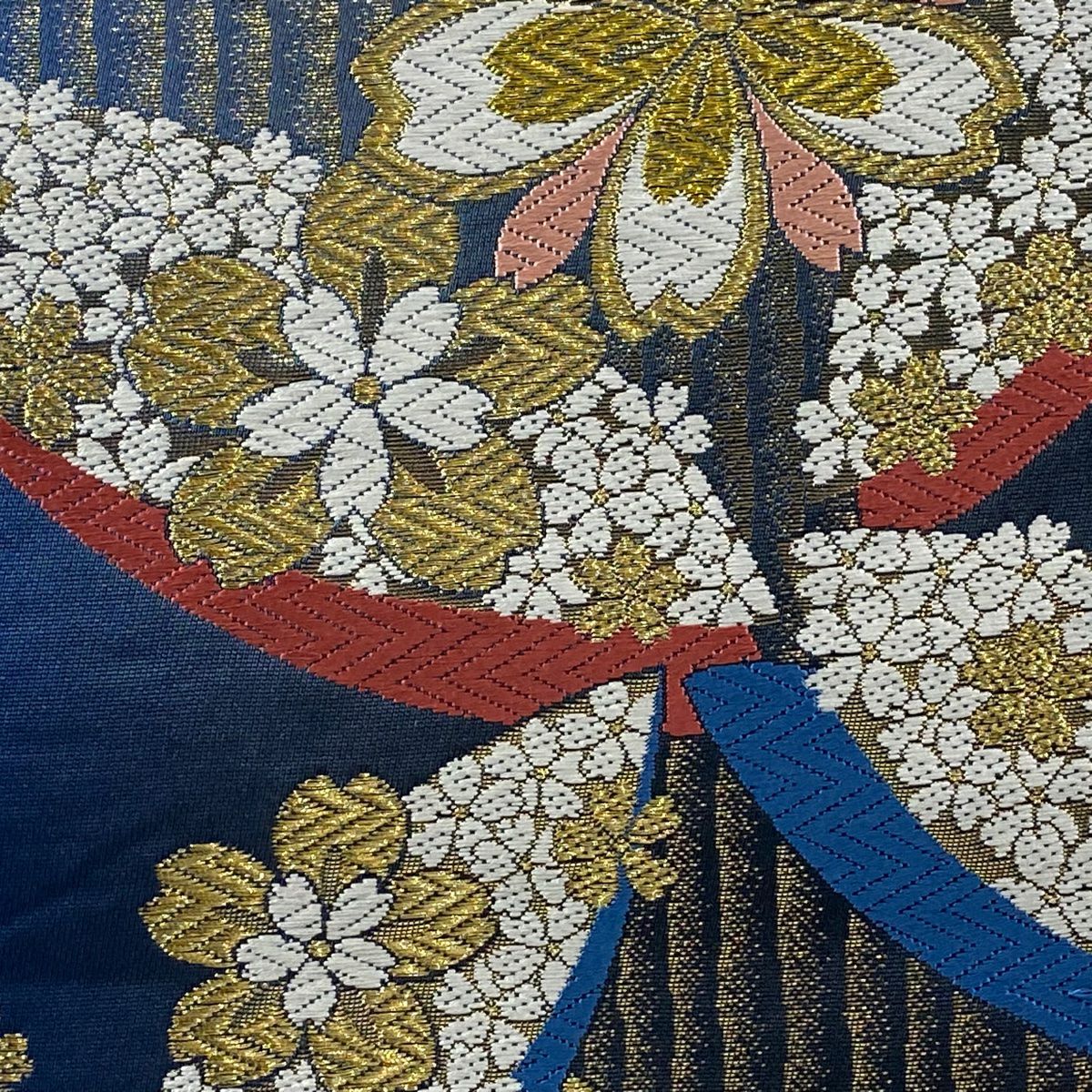 【美品】 袋帶 秀品級 樱花 七寶 金絲 刺繡 藍色 六通 純蠶絲