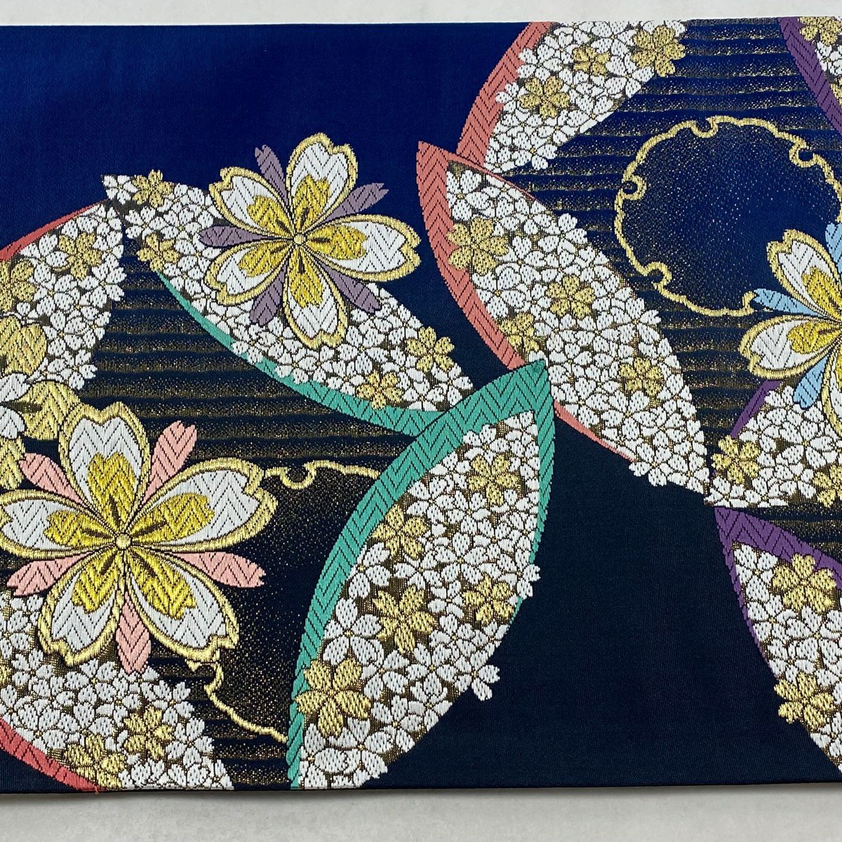 【美品】 袋帶 秀品級 樱花 七寶 金絲 刺繡 藍色 六通 純蠶絲