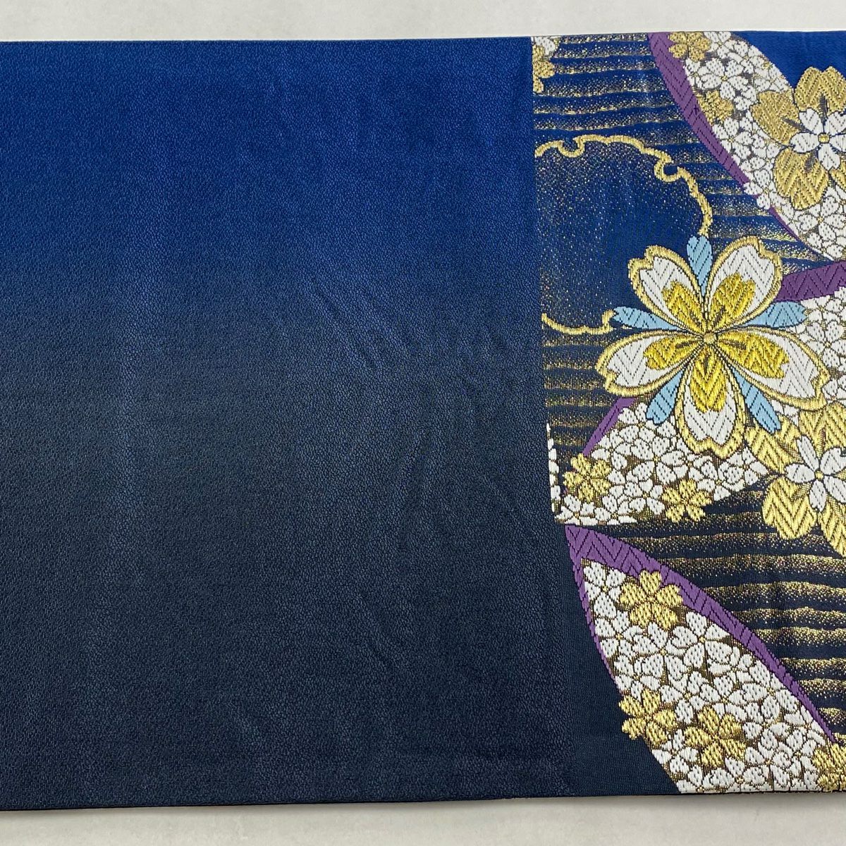 【美品】 袋帶 秀品級 樱花 七寶 金絲 刺繡 藍色 六通 純蠶絲